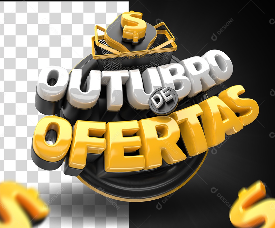 Outubro de Ofertas Selo 3D Dourado Preto para Composição PSD