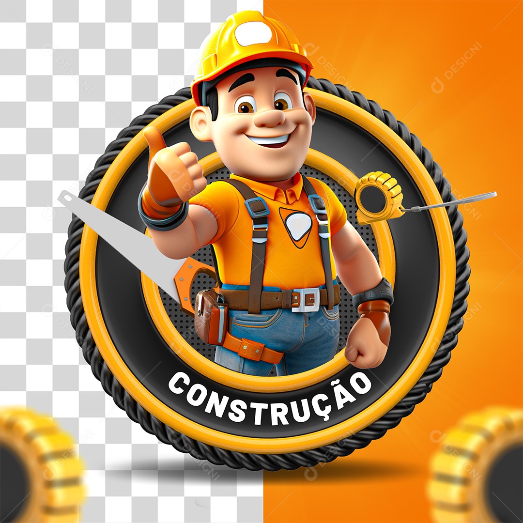 Construção Selo 3D Preto Laranja para Composição PSD