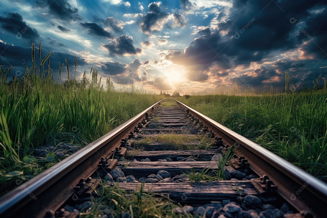Ferrovia no campo ao pôr do sol com céu lindo