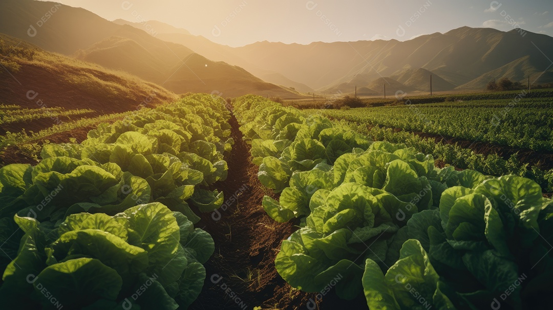 Campo de alface pela manhã com raios de sol e montanhas ao fundo