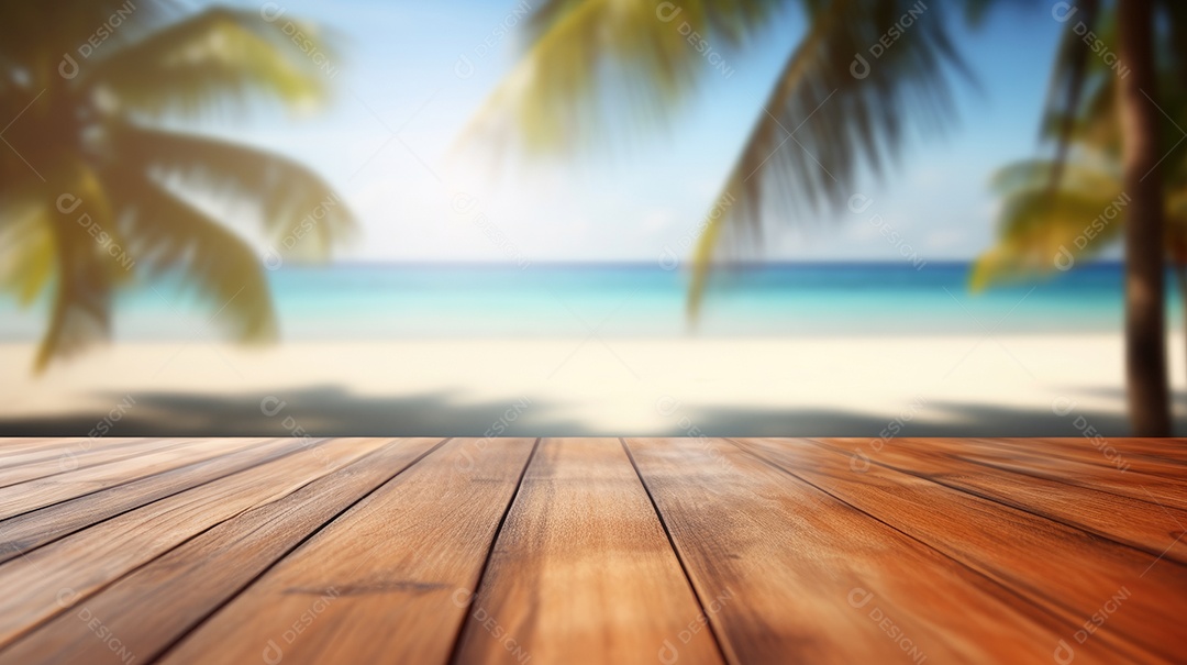Mesa de madeira e fundo desfocado de praia tropical
