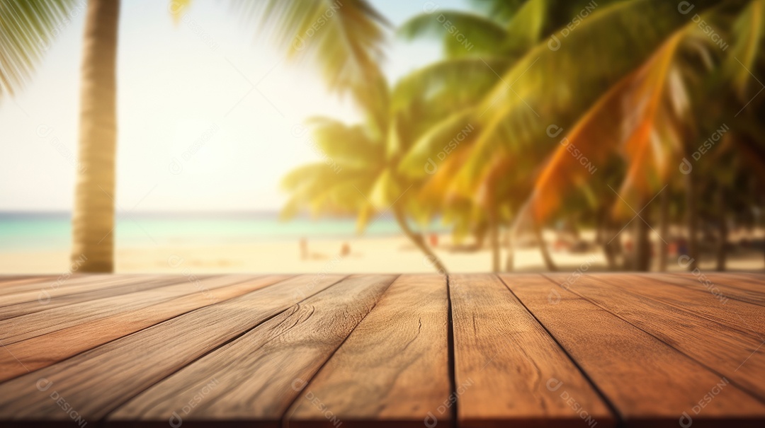 Mesa de madeira e fundo desfocado de praia tropical
