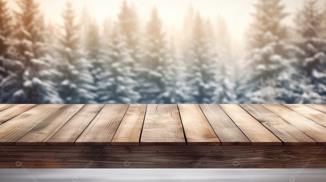 Mesa de madeira vazia contra uma floresta de abetos em uma paisagem nevada