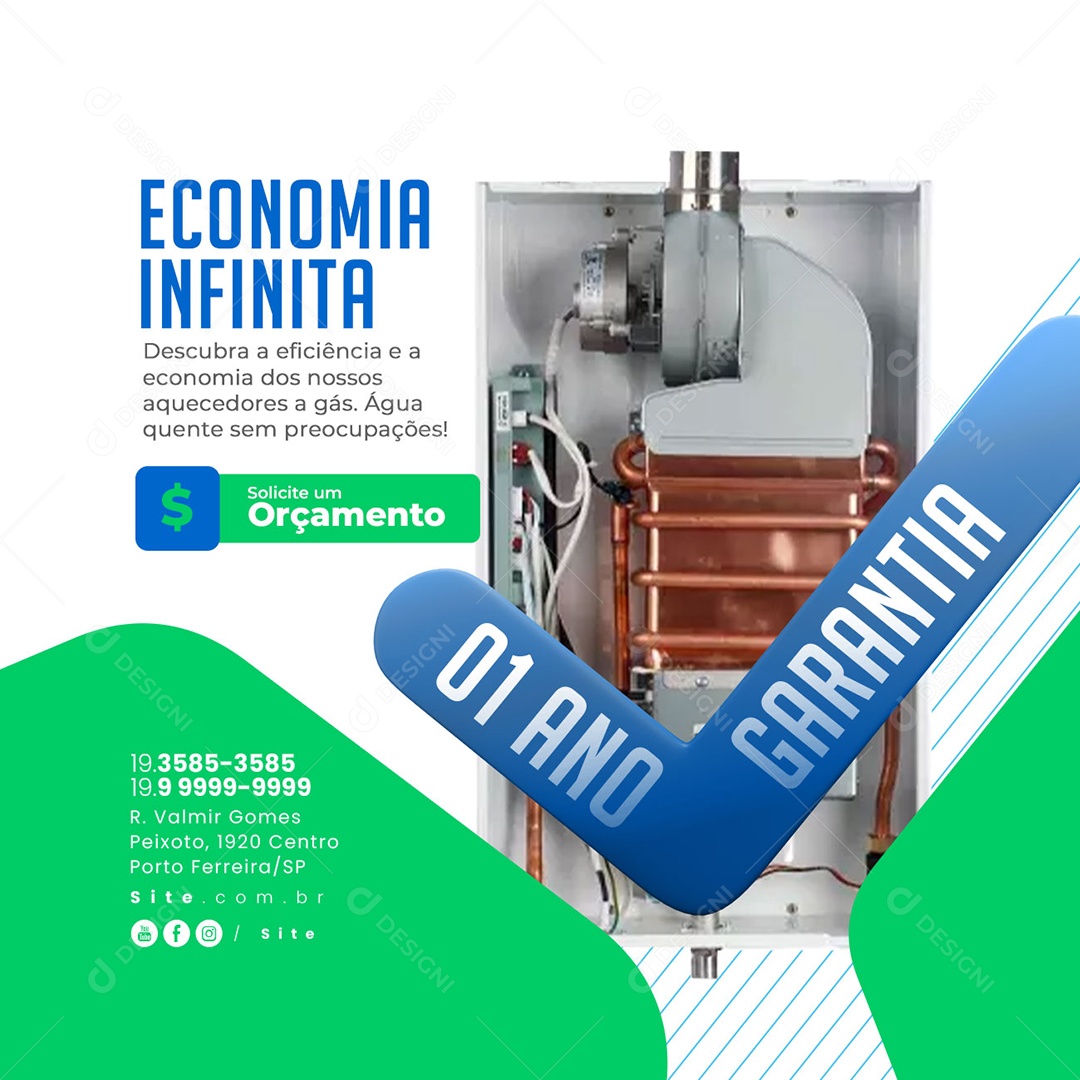 Aquecedores a Gás Economia Infinita Solicite um Orçamento 01 Ano Garantia Social Media PSD Editável