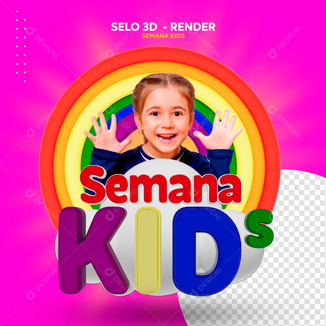 Semana Kids Selo 3D Rosa Vermelho para Composição PSD