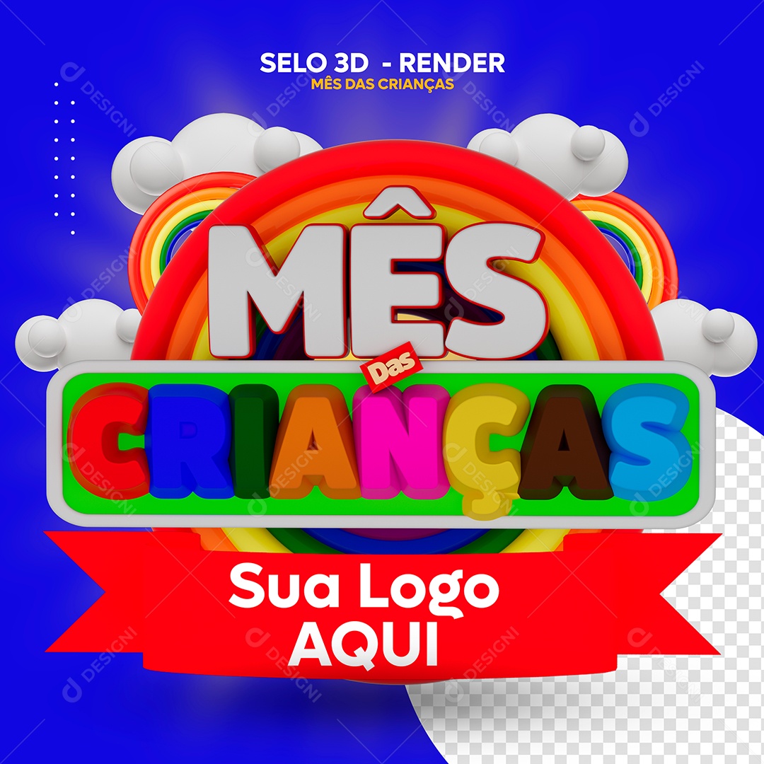 Mes das Crianças 12 de Outubro Selo 3D Azul Vermelho Branco para Composição PSD