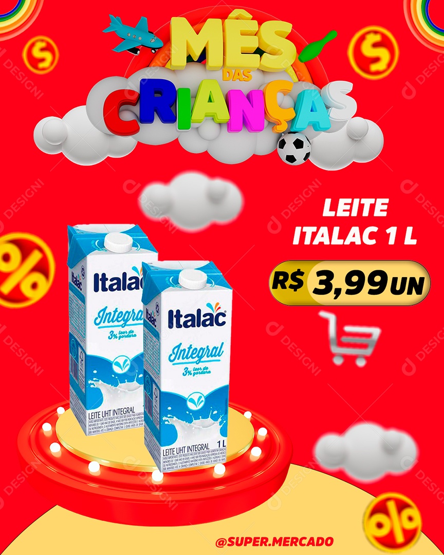 Mes das Crianças 12 de Outubro Leite Italac 1L Social Media PSD Editável