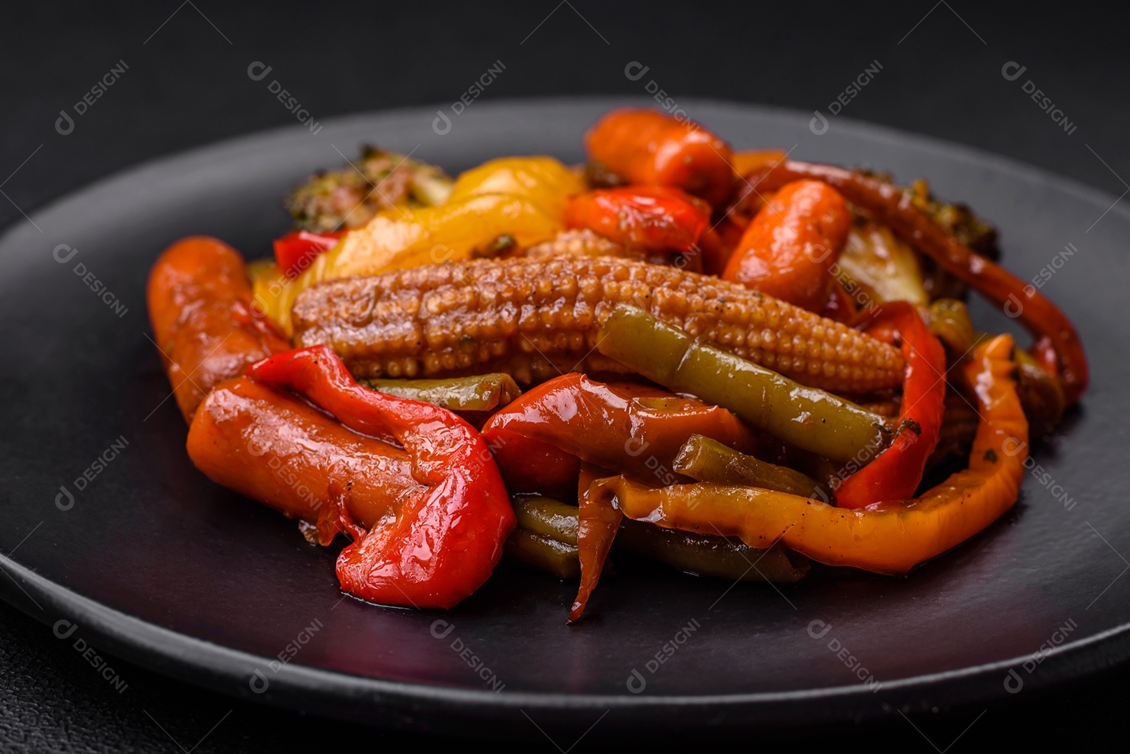 Legumes deliciosos pimentões cozidos no vapor, feijão de espargos e batatas fatiadas com molho de soja sobre um fundo escuro de concreto