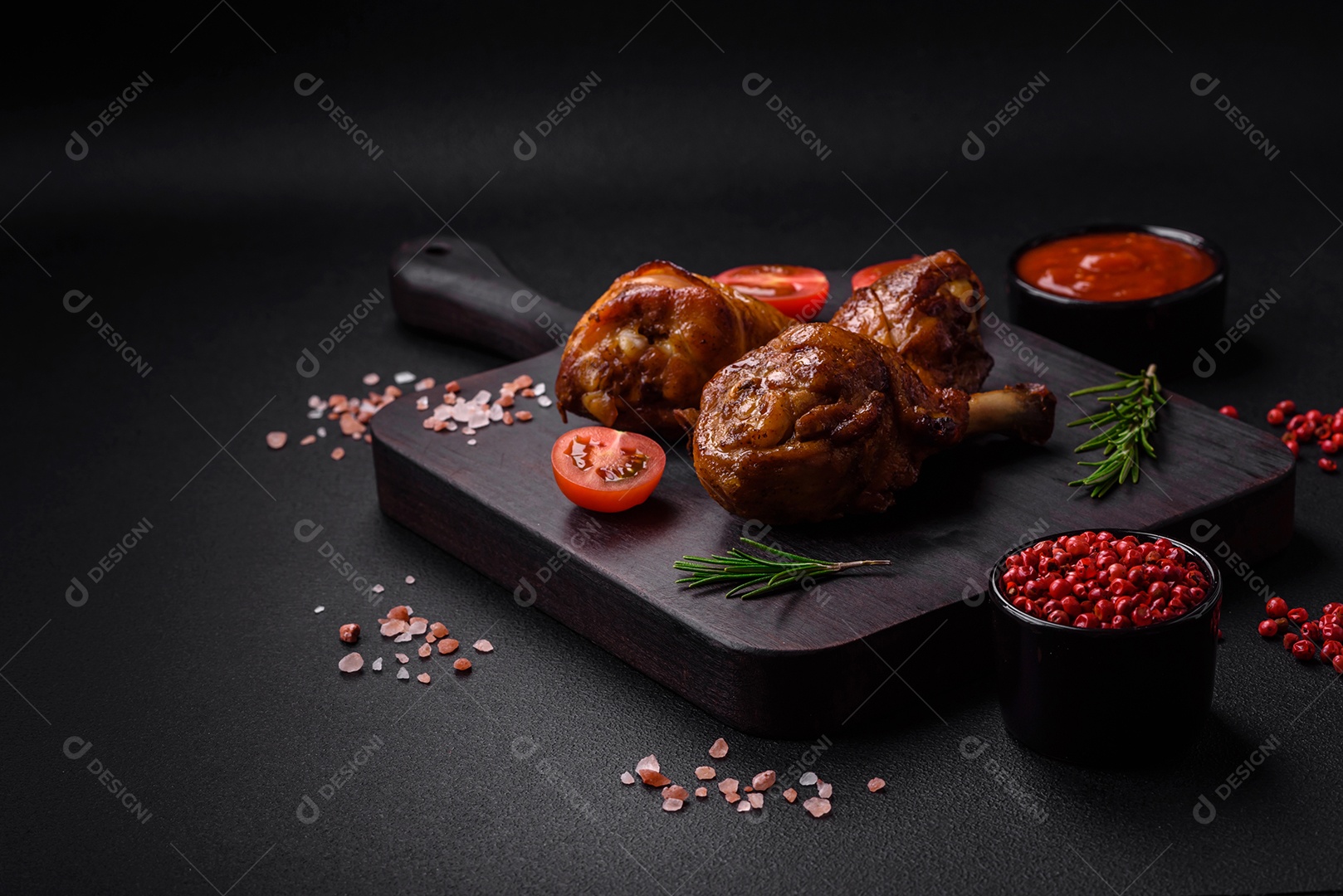 Deliciosas pernas de frango grelhado com especiarias e ervas em molho teriyaki sobre um fundo escuro de concreto