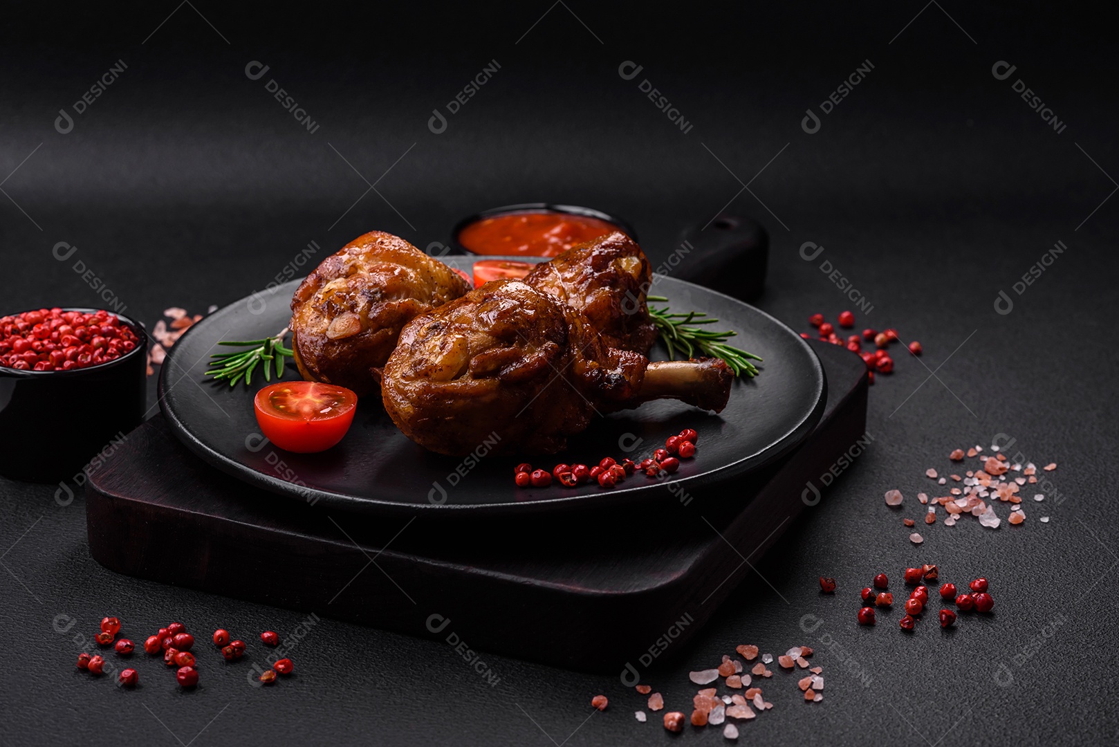 Deliciosas pernas de frango grelhado com especiarias e ervas em molho teriyaki sobre um fundo escuro de concreto