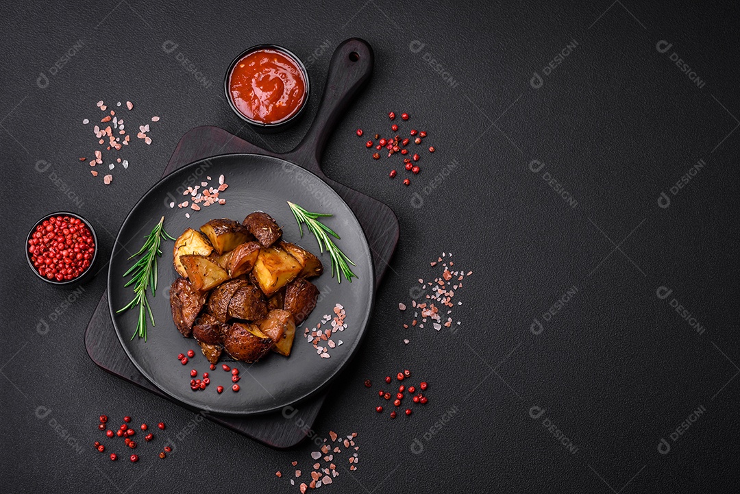 Deliciosas batatas assadas com casca com alecrim e especiarias sobre um fundo escuro de concreto