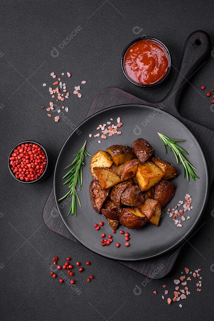Deliciosas batatas assadas com casca com alecrim e especiarias sobre um fundo escuro de concreto