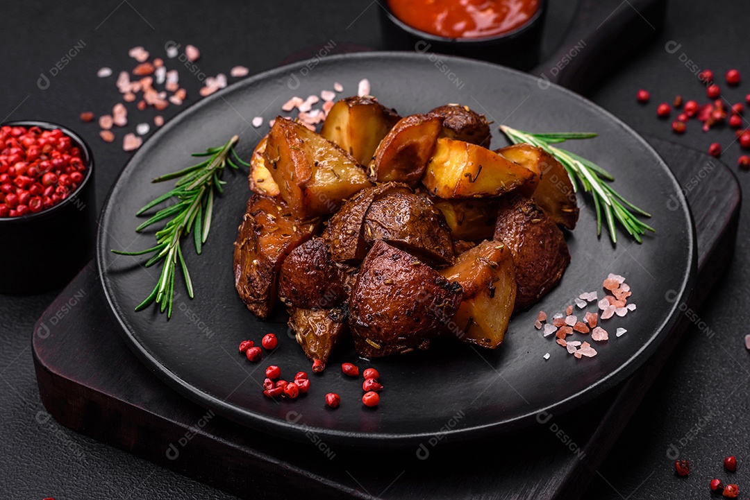 Deliciosas batatas assadas com casca com alecrim e especiarias sobre um fundo escuro de concreto
