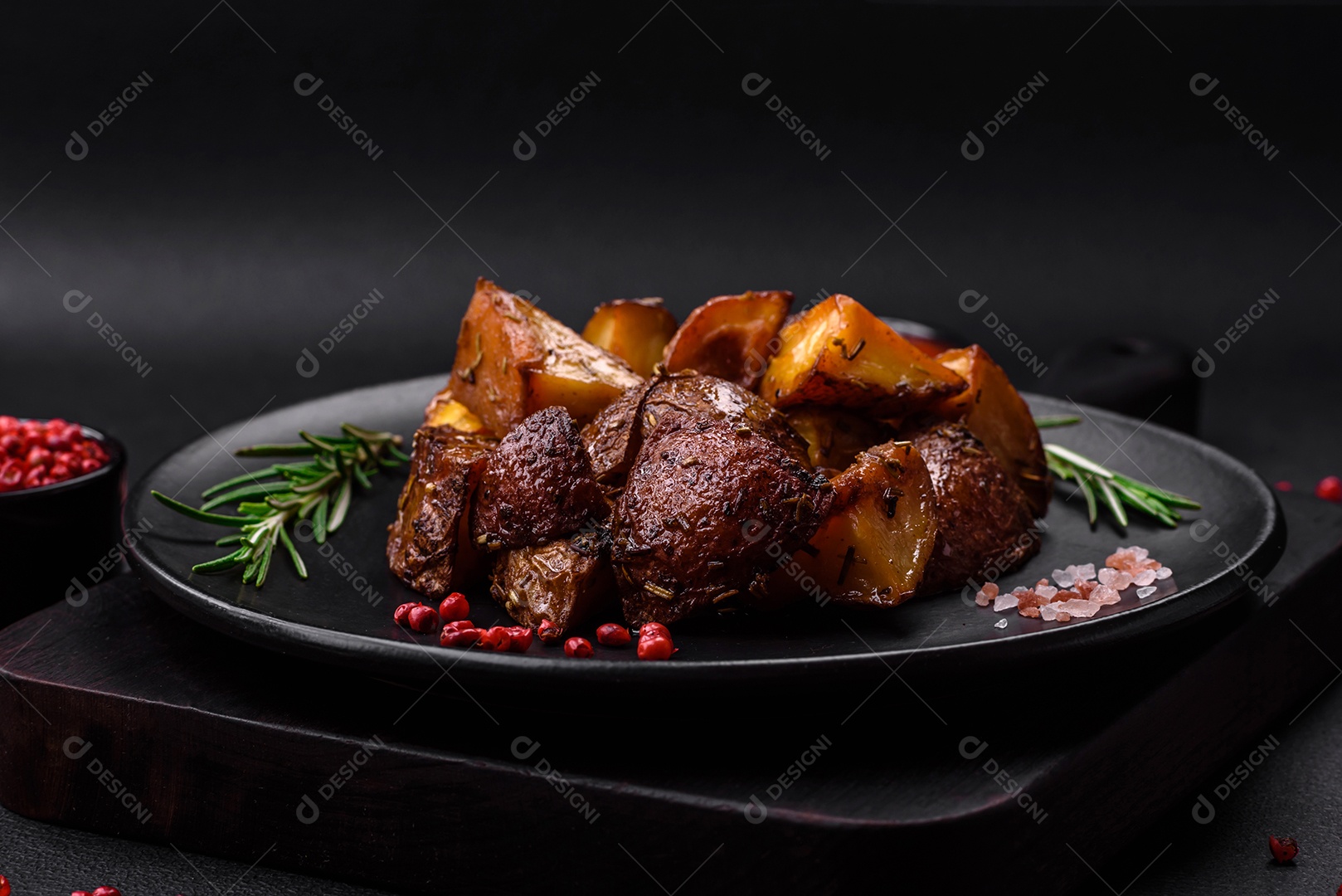 Deliciosas batatas assadas com casca com alecrim e especiarias sobre um fundo escuro de concreto