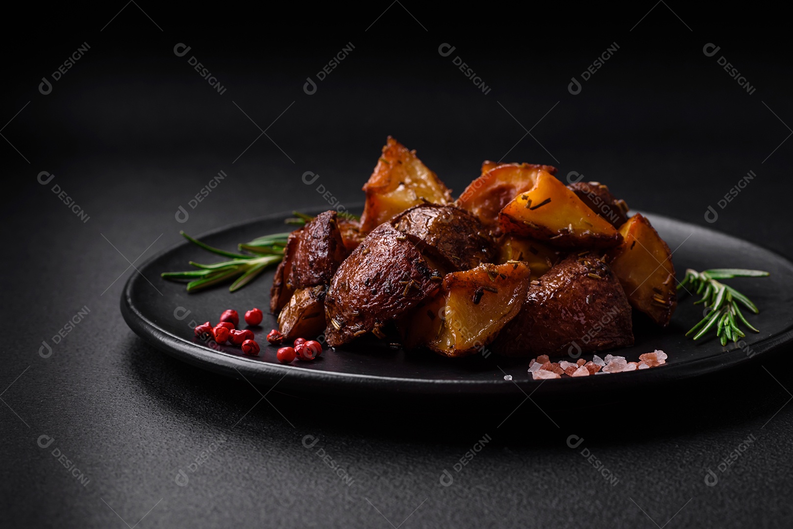 Deliciosas batatas assadas com casca com alecrim e especiarias sobre um fundo escuro de concreto