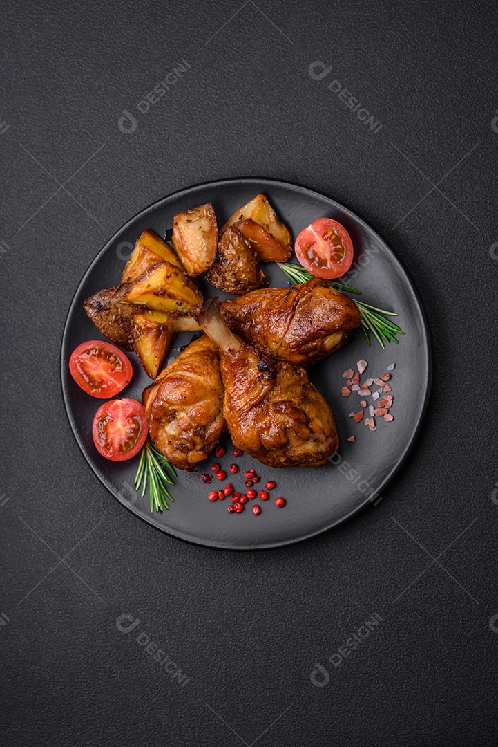 Deliciosas pernas de frango grelhado com especiarias e ervas em molho teriyaki sobre um fundo escuro de concreto