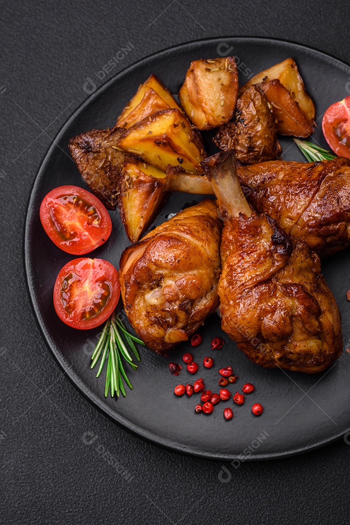 Deliciosas pernas de frango grelhado com especiarias e ervas em molho teriyaki sobre um fundo escuro de concreto