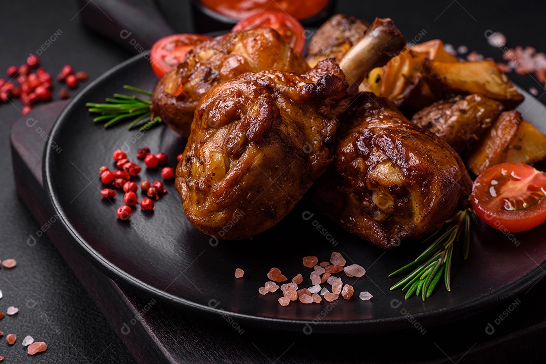 Deliciosas pernas de frango grelhado com especiarias e ervas em molho teriyaki sobre um fundo escuro de concreto