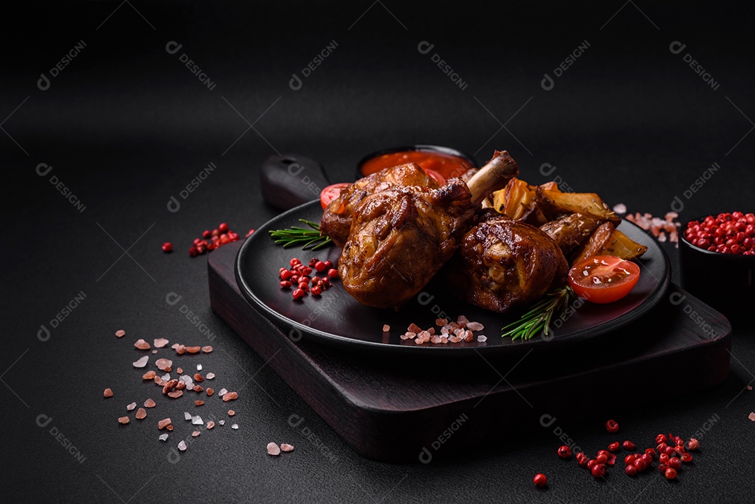 Deliciosas pernas de frango grelhado com especiarias e ervas em molho teriyaki sobre um fundo escuro de concreto
