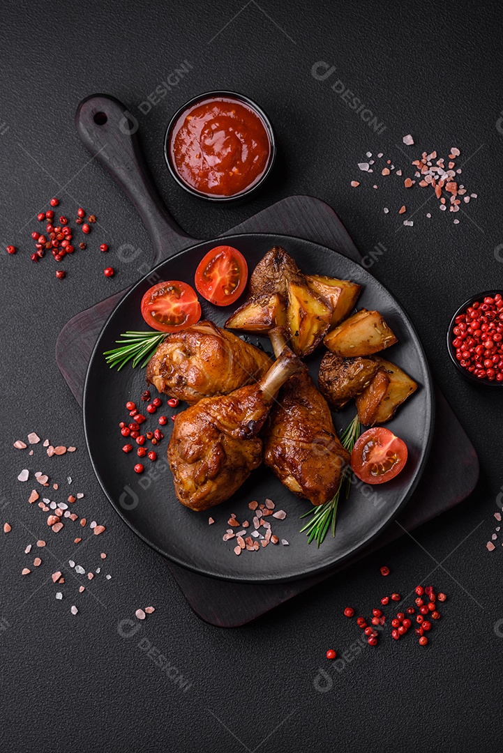 Deliciosas pernas de frango grelhado com especiarias e ervas em molho teriyaki sobre um fundo escuro de concreto