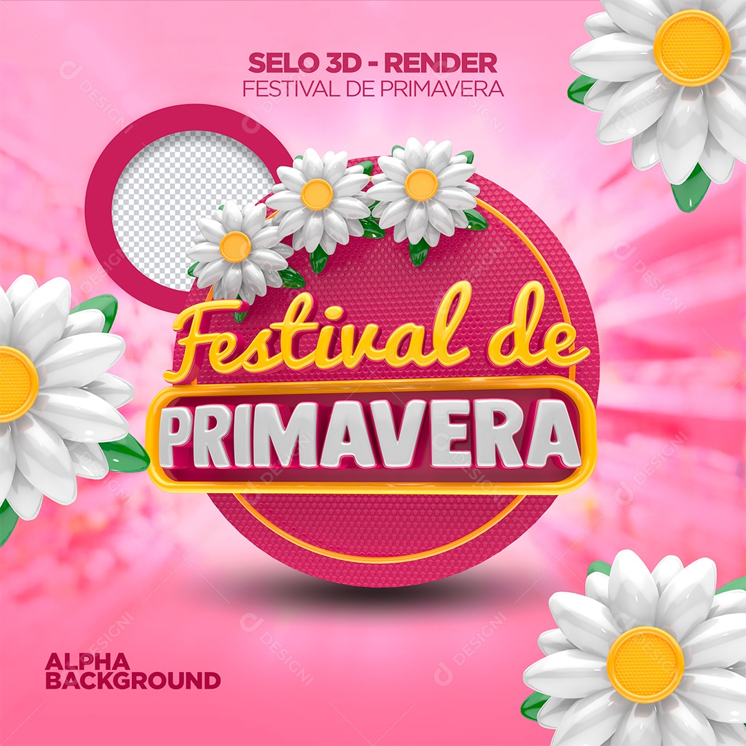 Festival de Primavera Selo 3D Amarelo Rosa e Branco para Composição PSD