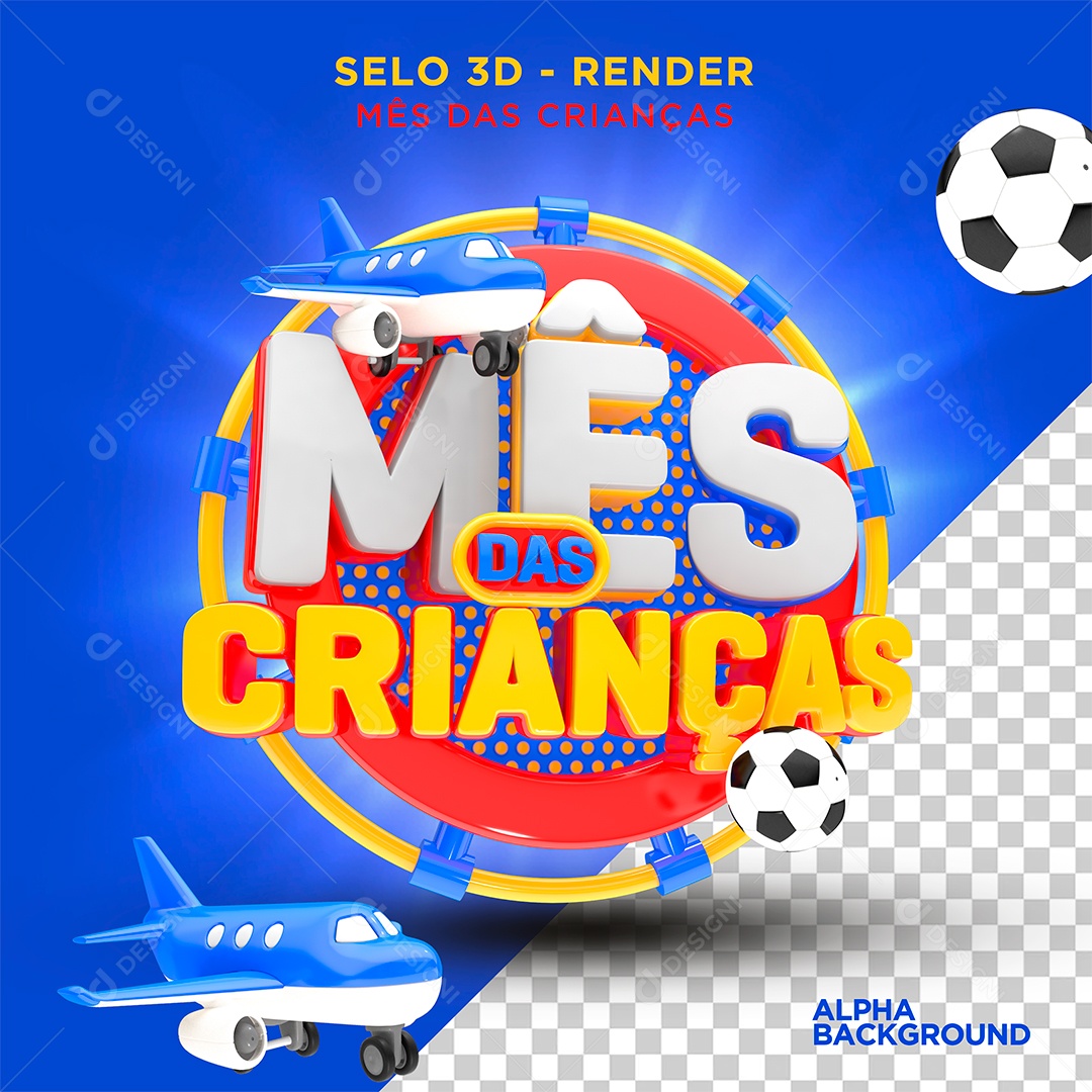Mês Das Crianças Selo 3D Branco Azul Vermelho e Amarelo para Composição PSD