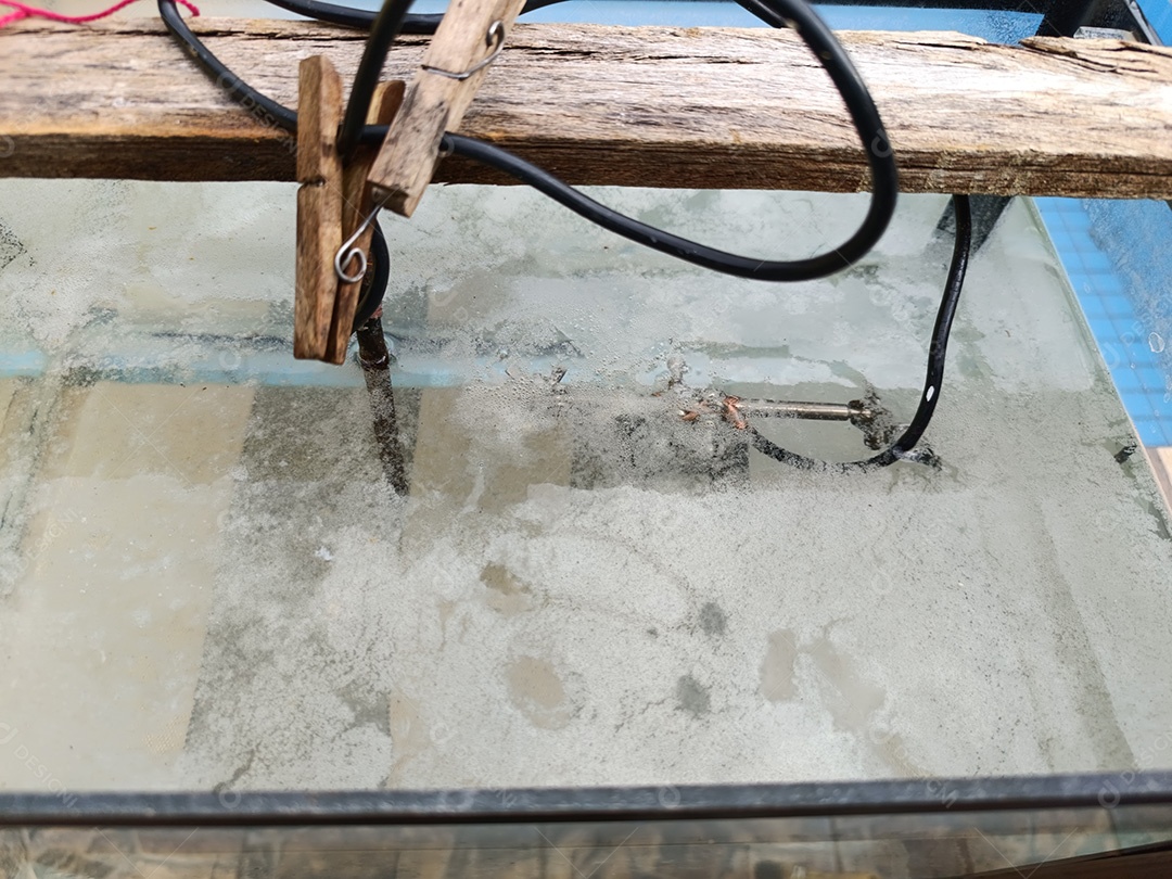 Aquário com itens de metal submetidos a eletrólise para remover ferrugem