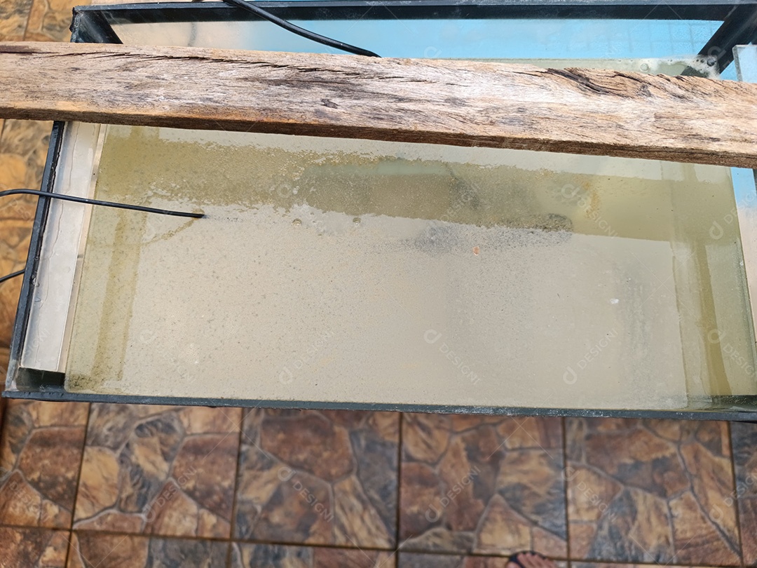 Superfície da água no aquário com bolhas e ferrugem devido a um processo experimental de eletrólise para remover ferrugem de metais