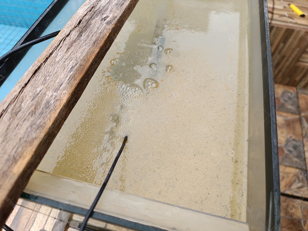 Superfície da água no aquário com bolhas e ferrugem devido a um processo experimental de eletrólise para remover ferrugem de metais