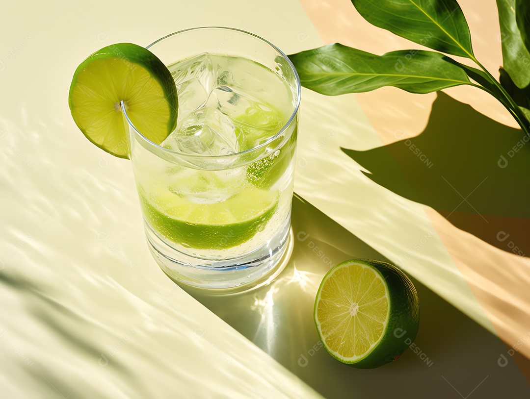 Cocktail com limão fresco na luz e sombra no bar