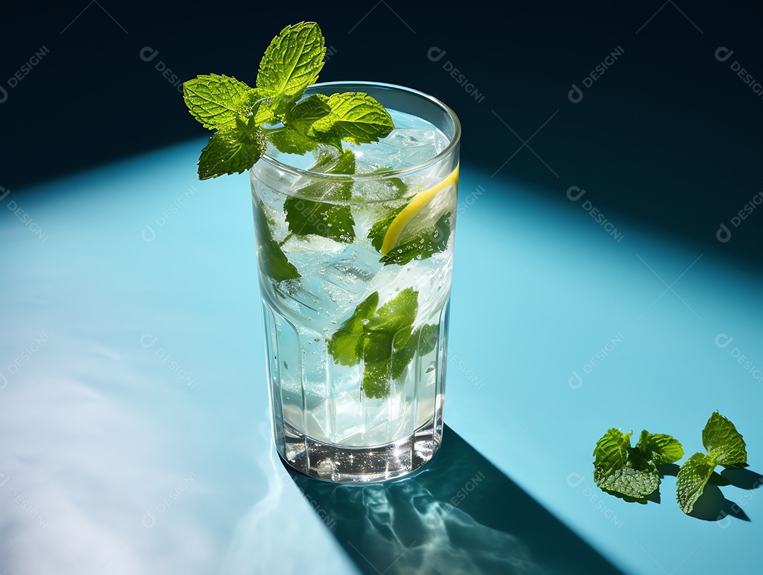 Cocktail com limão fresco na luz e sombra no bar