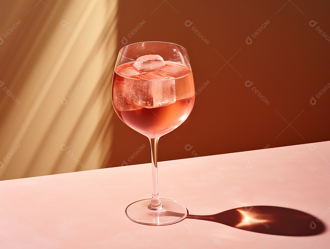 Copo de espumante rosa com gelo para refrescar no verão de luz e sombra