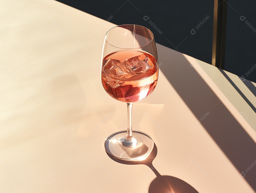 Copo de espumante rosa com gelo para refrescar no verão de luz e sombra