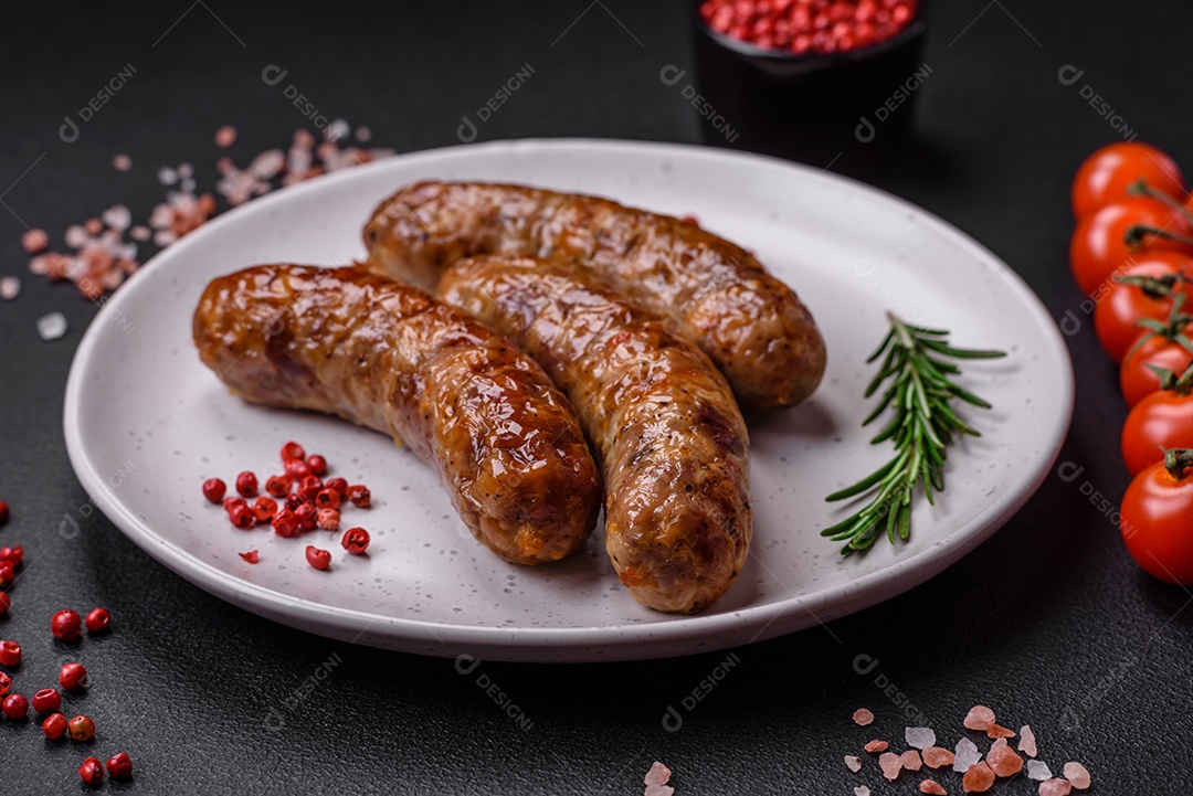 Deliciosas salsichas grelhadas fritas com sal, especiarias e ervas sobre um fundo escuro de concreto