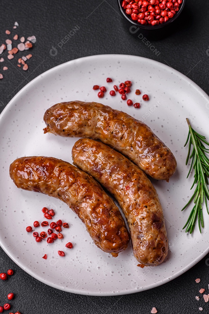 Deliciosas salsichas grelhadas fritas com sal, especiarias e ervas sobre um fundo escuro de concreto