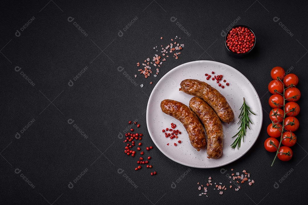 Deliciosas salsichas grelhadas fritas com sal, especiarias e ervas sobre um fundo escuro de concreto