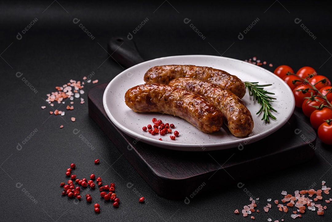 Deliciosas salsichas grelhadas fritas com sal, especiarias e ervas sobre um fundo escuro de concreto