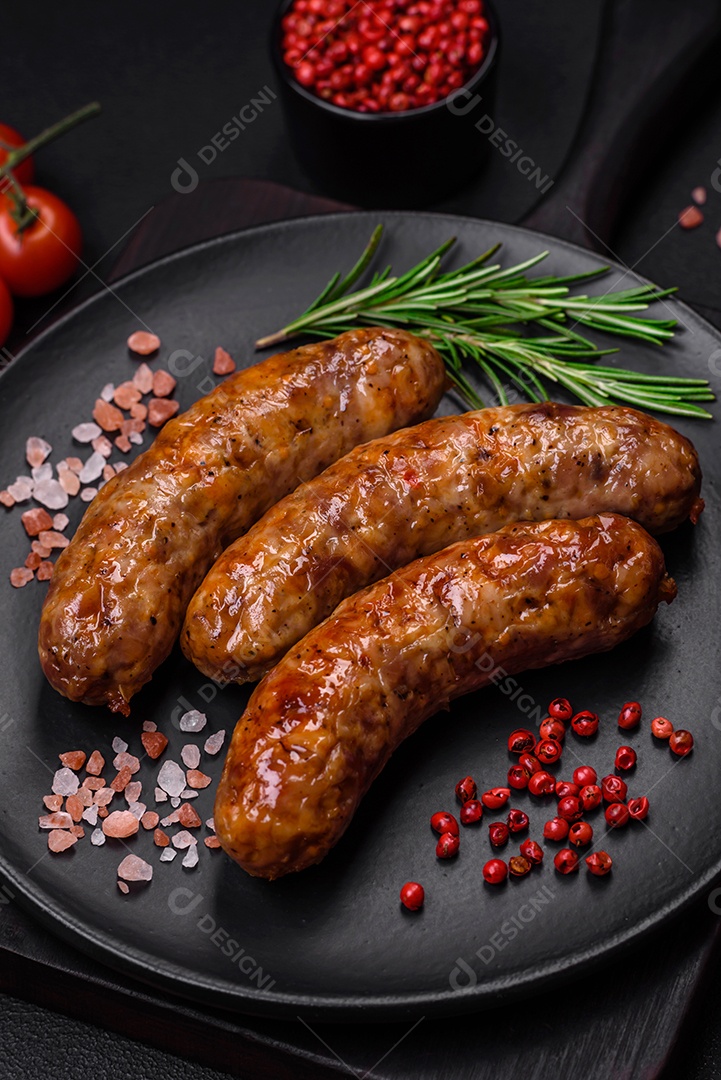 Deliciosas salsichas grelhadas fritas com sal, especiarias e ervas sobre um fundo escuro de concreto