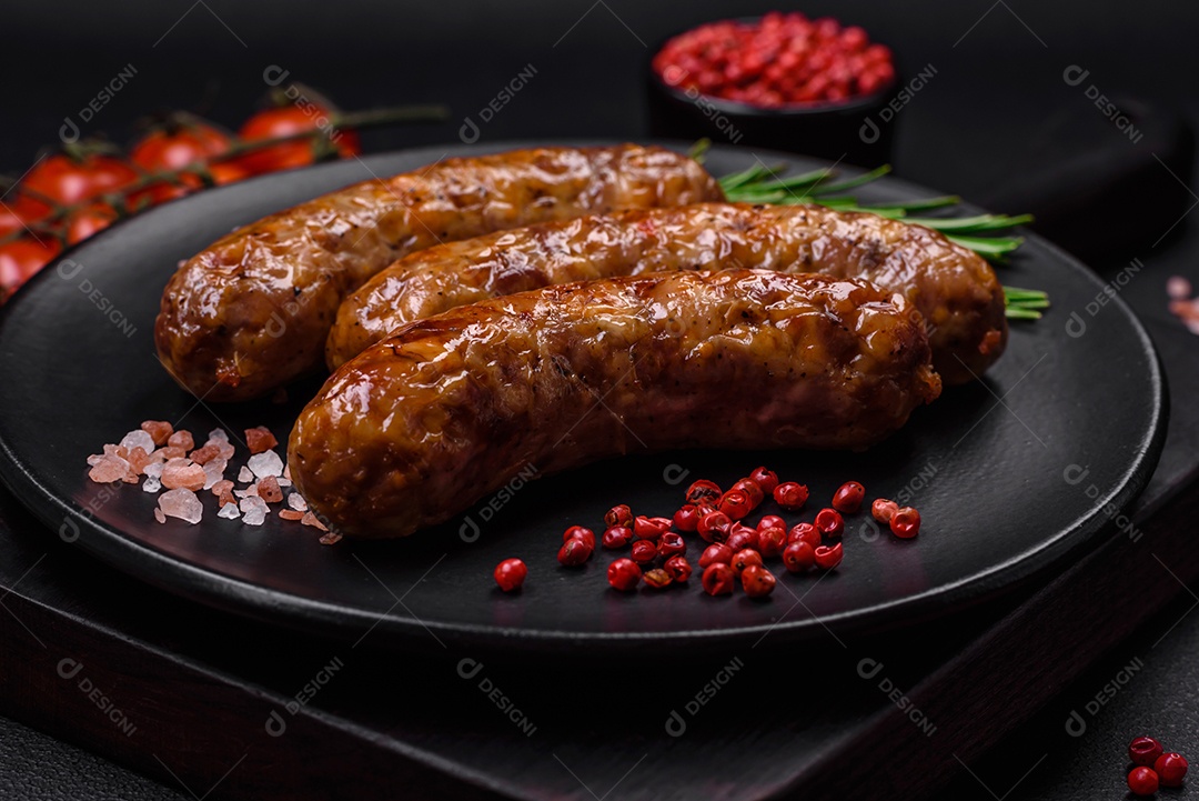 Deliciosas salsichas grelhadas fritas com sal, especiarias e ervas sobre um fundo escuro de concreto