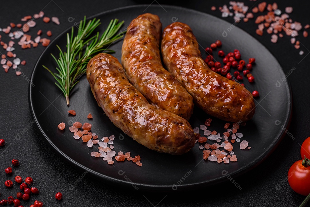 Deliciosas salsichas grelhadas fritas com sal, especiarias e ervas sobre um fundo escuro de concreto