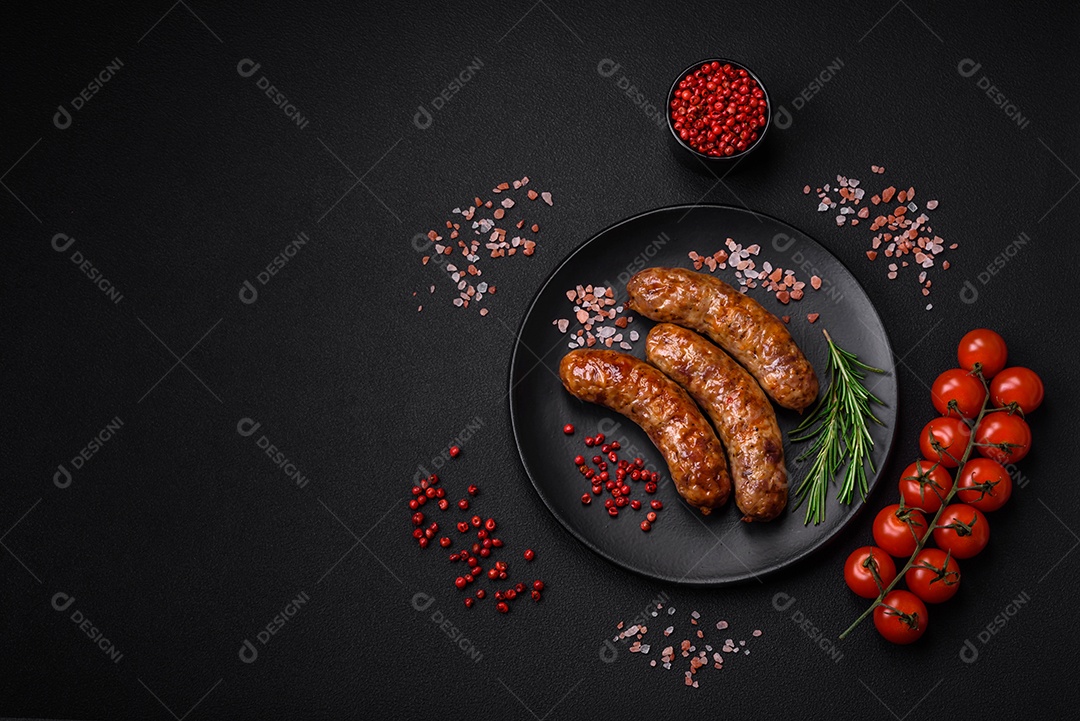 Deliciosas salsichas grelhadas fritas com sal, especiarias e ervas sobre um fundo escuro de concreto
