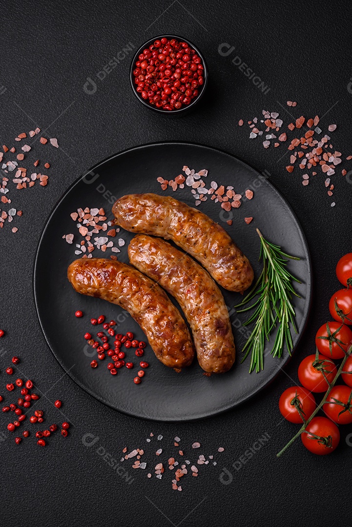 Deliciosas salsichas grelhadas fritas com sal, especiarias e ervas sobre um fundo escuro de concreto