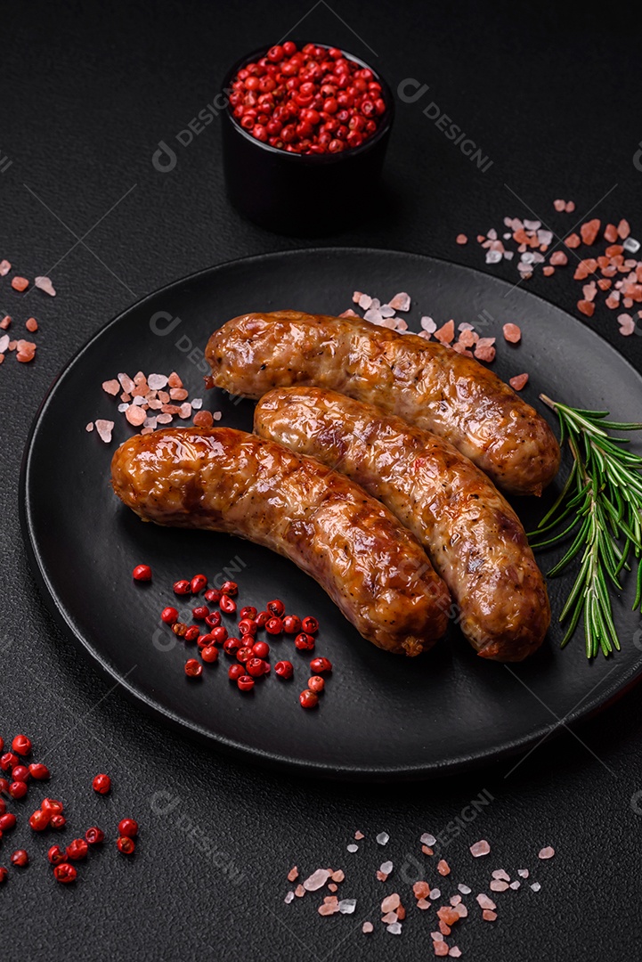 Deliciosas salsichas grelhadas fritas com sal, especiarias e ervas sobre um fundo escuro de concreto