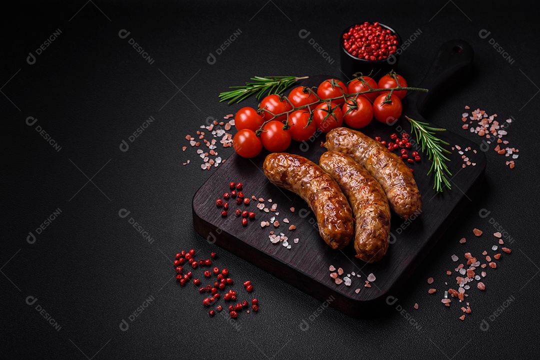 Deliciosas salsichas grelhadas fritas com sal, especiarias e ervas sobre um fundo escuro de concreto