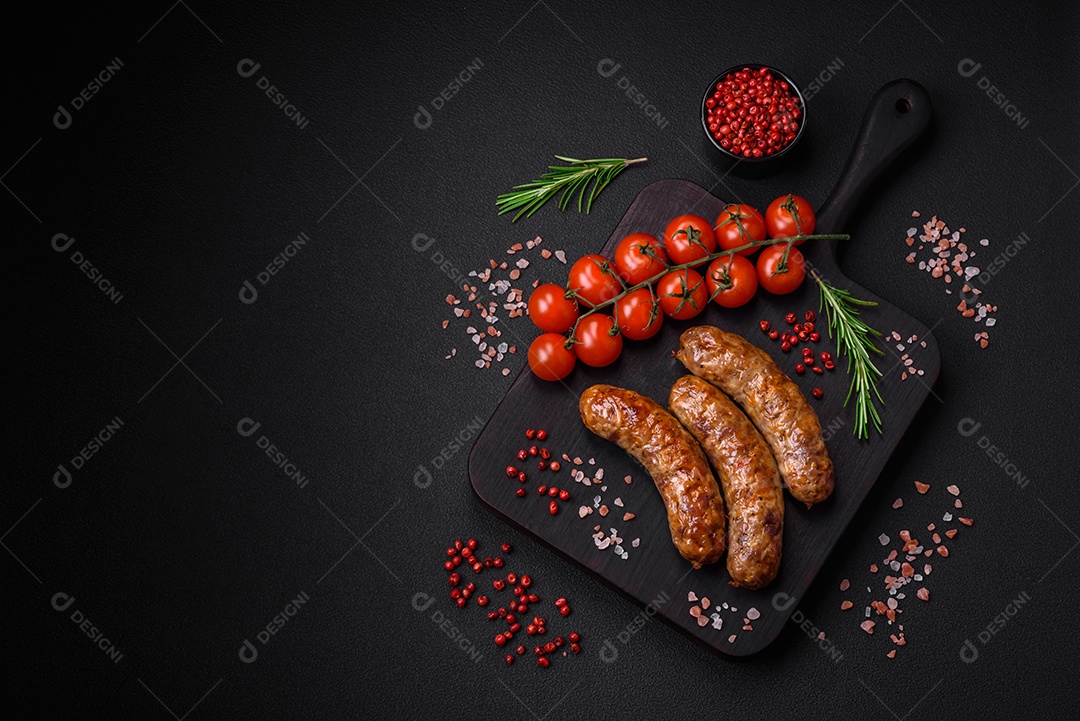 Deliciosas salsichas grelhadas fritas com sal, especiarias e ervas sobre um fundo escuro de concreto