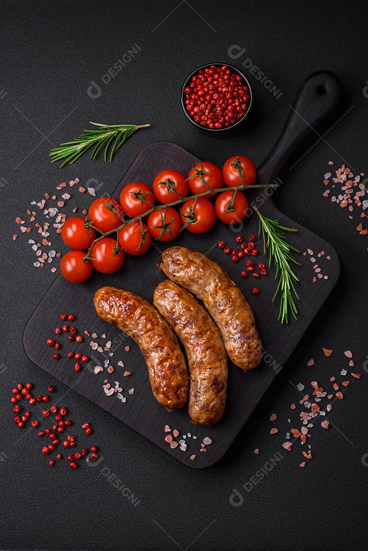 Deliciosas salsichas grelhadas fritas com sal, especiarias e ervas sobre um fundo escuro de concreto