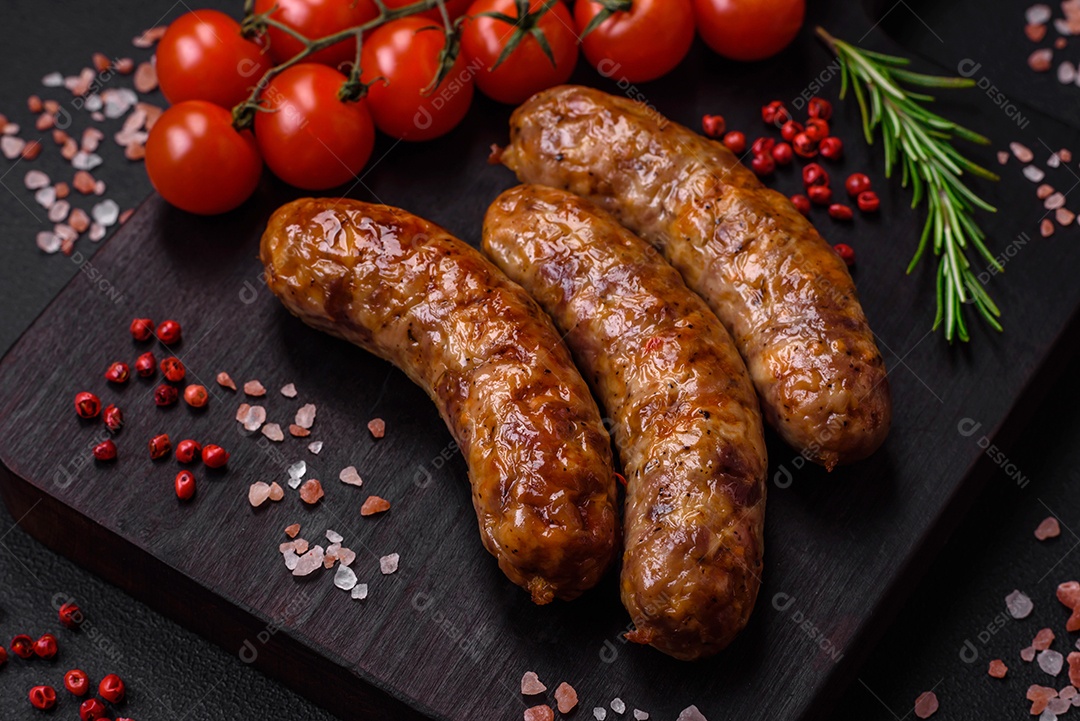 Deliciosas salsichas grelhadas fritas com sal, especiarias e ervas sobre um fundo escuro de concreto