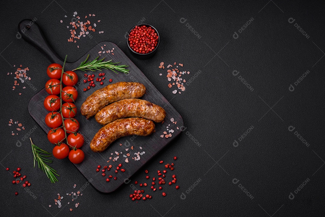 Deliciosas salsichas grelhadas fritas com sal, especiarias e ervas sobre um fundo escuro de concreto