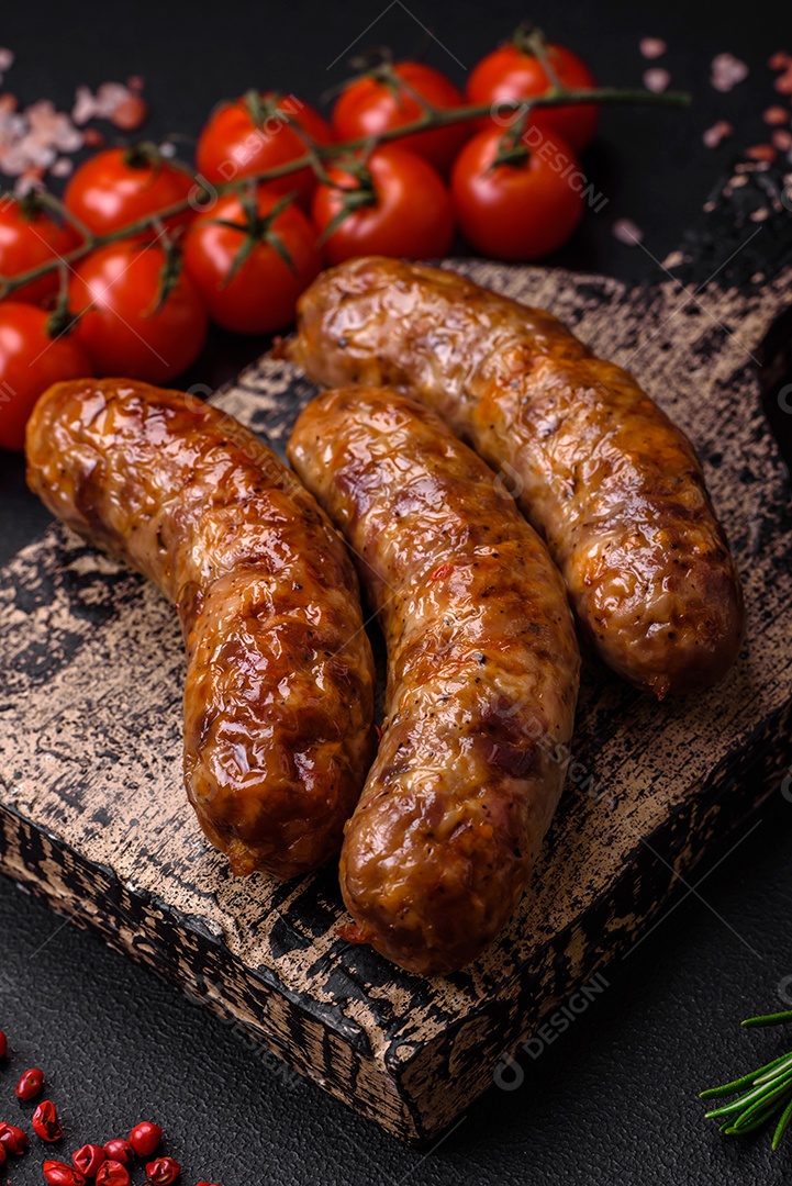 Deliciosas salsichas grelhadas fritas com sal, especiarias e ervas sobre um fundo escuro de concreto