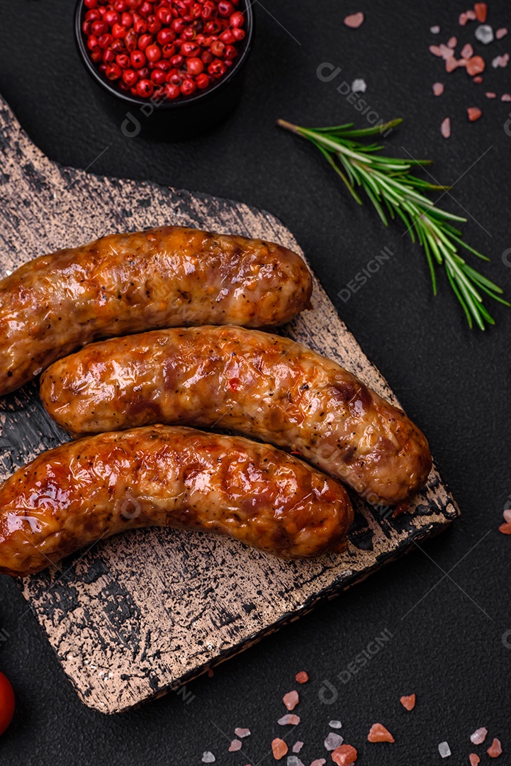 Deliciosas salsichas grelhadas fritas com sal, especiarias e ervas sobre um fundo escuro de concreto